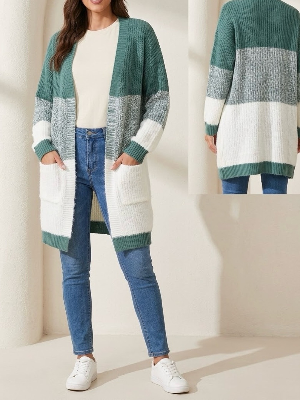 Open-Front Colorblock Long Cardigan Sweater in Green and White